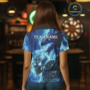 Personalized Blue Flaming Dragon And Skull Darts Shirt For Women Custom 3D Fire Darts Team Jersey TDM4960
