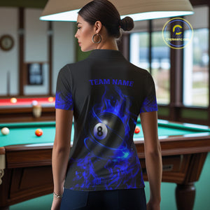 Blue Flaming American Flag 8 Ball Billiard Shirt For Women Custom Patriotic Pool Team Jersey TDM4842