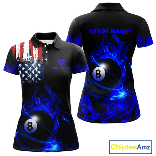 Blue Flaming American Flag 8 Ball Billiard Shirt For Women Custom Patriotic Pool Team Jersey TDM4842