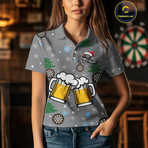 Funny Santa And Beer Christmas Darts Polo & 1/4 Zip For Women Custom Xmas Darts Shirt, Darts Gift TDM4911