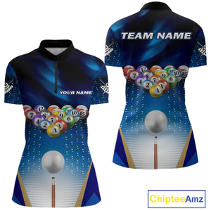 Blue Billiard Jersey For Women Custom 3D Billiard Tournament Shirt, Pool Team Jersey Polo & 1/4 Zip TDM4930