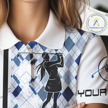 Load image into Gallery viewer, Custom Name Blue Argyle Pattern Womens Polo Shirt, White Golf Jersey Best Argyle Golf Gifts NYN2994