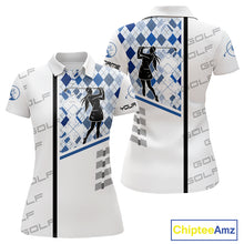 Load image into Gallery viewer, Custom Name Blue Argyle Pattern Womens Polo Shirt, White Golf Jersey Best Argyle Golf Gifts NYN2994