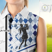 Load image into Gallery viewer, Custom Name Blue Argyle Pattern Women Sleeveless Polo Shirt, White Golf Jersey Best Argyle Golf Gifts NYN2994