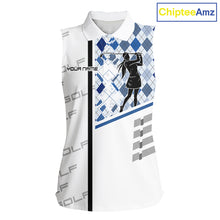 Load image into Gallery viewer, Custom Name Blue Argyle Pattern Women Sleeveless Polo Shirt, White Golf Jersey Best Argyle Golf Gifts NYN2994