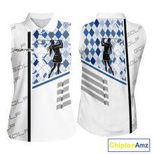 Load image into Gallery viewer, Custom Name Blue Argyle Pattern Women Sleeveless Polo Shirt, White Golf Jersey Best Argyle Golf Gifts NYN2994