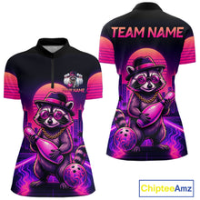 Load image into Gallery viewer, Funny Rich Raccoon Bowling Shirt For Women Custom Neon Bowling Polo Quarter Zip Jersey