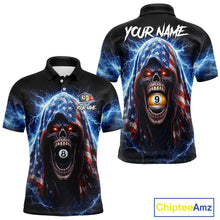 Load image into Gallery viewer, US Flag Thunder Grim Reaper 8 Ball 9 Ball Pool Men Billiard Shirt Custom Patriotic Billiard Apparel NYN2636