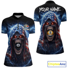 Load image into Gallery viewer, US Flag Thunder Grim Reaper 8 Ball 9 Ball Pool Women Billiard Shirt Custom Patriotic Billiard Apparel NYN2636