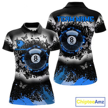 Load image into Gallery viewer, Black white blue billiard 8 ball pool shirt for women butterfly grunge billiard jersey