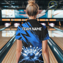 Load image into Gallery viewer, Womens Thunder Lightning Bowling Polo 1/4-Zip Shirts Custom Blue Stripes Team Bowling Jerseys NYN3455