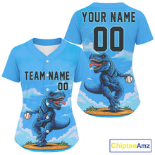 Load image into Gallery viewer, Custom Blue Dinosaur Baseball Shirt For Women Outfits Button Up Baseball Jerseys NYN1351