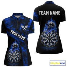 Load image into Gallery viewer, Custom Black &amp; Blue Flaming Skull Darts Quarter-Zip Shirt For Women Skull Dart League Jerseys NYN2171