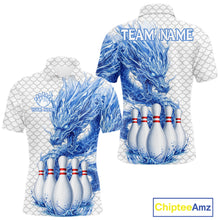 Load image into Gallery viewer, Men's white blue dragon bowling polo shirt mockup custom bowling team jersey splatter dragon bowling apparel