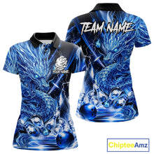 Load image into Gallery viewer, Women's thunder lightning blue dragon bowling polo shirt mockup custom bowling team jersey