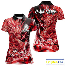 Load image into Gallery viewer, Women's thunder lightning red dragon bowling polo shirt mockup custom bowling team jersey