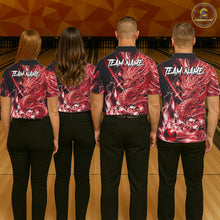 Load image into Gallery viewer, Bowling team wearing thunder lightning red dragon bowling shirts custom bowling team jerseys for tournaments