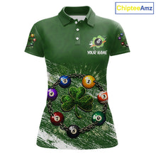 Load image into Gallery viewer, White Green Grunge Shamrock 8 Ball Women Billiards Shirt Personalized St Patrick's Day Pool Balls Shirt NYN2678