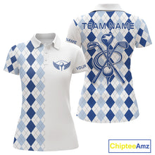 Load image into Gallery viewer, Womens Blue Argyle Pattern Golf Shirts Argyle Golf Clothing Custom Blue Golf Polo, Best Golf Gifts NYN3051