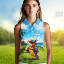 Load image into Gallery viewer, Woman wearing tropical parrot golf sleeveless polo shirt during summer golf outing