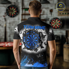 Load image into Gallery viewer, Man wearing white blue black butterfly dart shirt custom dart uniform mockup