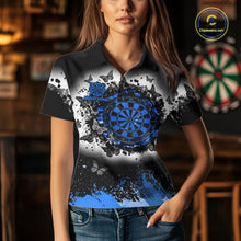 Load image into Gallery viewer, Woman wearing white blue black butterfly dart shirt custom dart uniform mockup