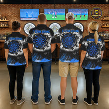 Load image into Gallery viewer, Mens dart team wearing white blue black grunge butterfly dart jerseys tournament apparel