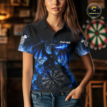 Load image into Gallery viewer, Woman wearing thunder dragon blue dart shirt custom dart apparel