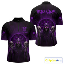 Load image into Gallery viewer, Custom Purple Grim Reaper Grey Skull Dartboard Men Darts Quarter-Zip Shirt Grunge Dart Jerseys NYN1936