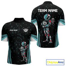Load image into Gallery viewer, Funny Alien 8 Ball men's quarter zip billiard shirt custom turquoise galaxy pool team jersey, personalized billiards apparel, tournament pool uniform
