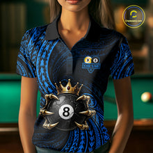 Load image into Gallery viewer, Female pool player wearing Blue Tribal Skull Crown billiard jersey during tournament and league competition