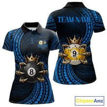 Load image into Gallery viewer, Blue Tribal Skull Crown women's billiard polo shirt custom 8 ball 9 ball pool jersey, personalized billiards team apparel
