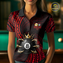 Load image into Gallery viewer, Female billiards player wearing Red Tribal Skull Crown pool jersey during professional billiard competition