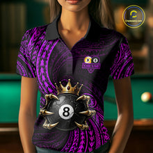 Load image into Gallery viewer, Female pool player wearing Purple Tribal Skull Crown billiard jersey during league and tournament play