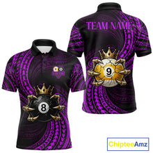 Load image into Gallery viewer, Purple Tribal Skull Crown men's billiard polo shirt custom 8 ball 9 ball team jersey, personalized pool apparel