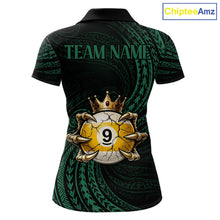 Load image into Gallery viewer, Green Tribal Skull Crown women's billiard polo shirt custom 8 ball 9 ball pool jersey, personalized billiards team apparel