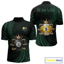 Load image into Gallery viewer, Green Tribal Skull Crown men's quarter zip billiard shirt custom pool team jersey, professional cue sports uniform