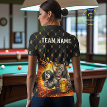 Load image into Gallery viewer, Female pool player wearing Beer Funny Rhino 8 Ball billiard jersey during league night and recreational tournament