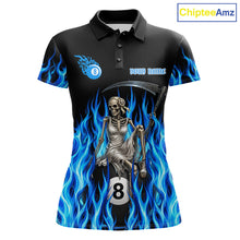 Load image into Gallery viewer, Blue Grim Reaper women's billiard polo shirt custom fire flame pool jersey, personalized 8 ball billiards apparel