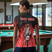 Load image into Gallery viewer, Female billiards player wearing Red Grim Reaper flame billiard jersey during tournament and league play