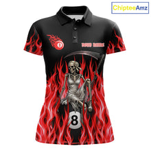 Load image into Gallery viewer, Red Grim Reaper women's billiard polo shirt custom fire flame pool jersey, personalized billiards team apparel