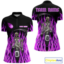 Load image into Gallery viewer, Purple Grim Reaper women's quarter zip billiard shirt custom cue sports team jersey, tournament pool apparel