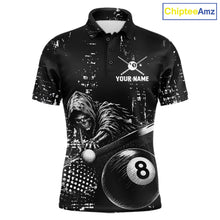 Load image into Gallery viewer, Grim Reaper Plays 8 Ball men's billiard polo shirt custom black white grunge pool jersey, personalized billiards apparel