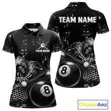 Load image into Gallery viewer, Grim Reaper Plays 8 Ball women's billiard polo shirt custom black white grunge pool jersey, personalized billiards apparel