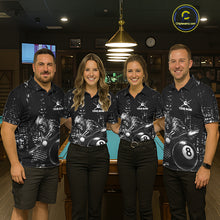 Load image into Gallery viewer, Men women billiard team wearing Grim Reaper Plays 8 Ball custom grunge pool uniforms, professional billiard jerseys