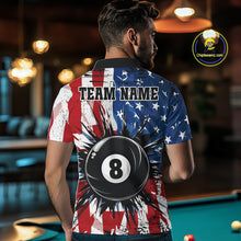Load image into Gallery viewer, Male pool player wearing American Flag Strikes 8 Ball patriotic billiard jersey during league and tournament play, custom billiards apparel