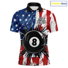 Load image into Gallery viewer, American Flag Strikes 8 Ball men's billiard polo shirt custom patriotic pool jersey, personalized USA billiards team apparel, custom pool team uniform, APA league shirt