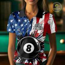 Load image into Gallery viewer, Female pool player wearing American Flag Strikes 8 Ball patriotic billiard jersey during league and tournament play