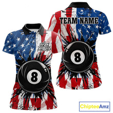 Load image into Gallery viewer, American Flag Strikes 8 Ball women's billiard polo shirt custom patriotic pool jersey, personalized USA billiards team apparel