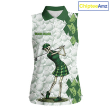 Load image into Gallery viewer, Funny Womens Golf Sleeveless Polo Shirt Custom Green Argyle Pattern Golf Ball Personalized Skull Golf Shirts NYN3100